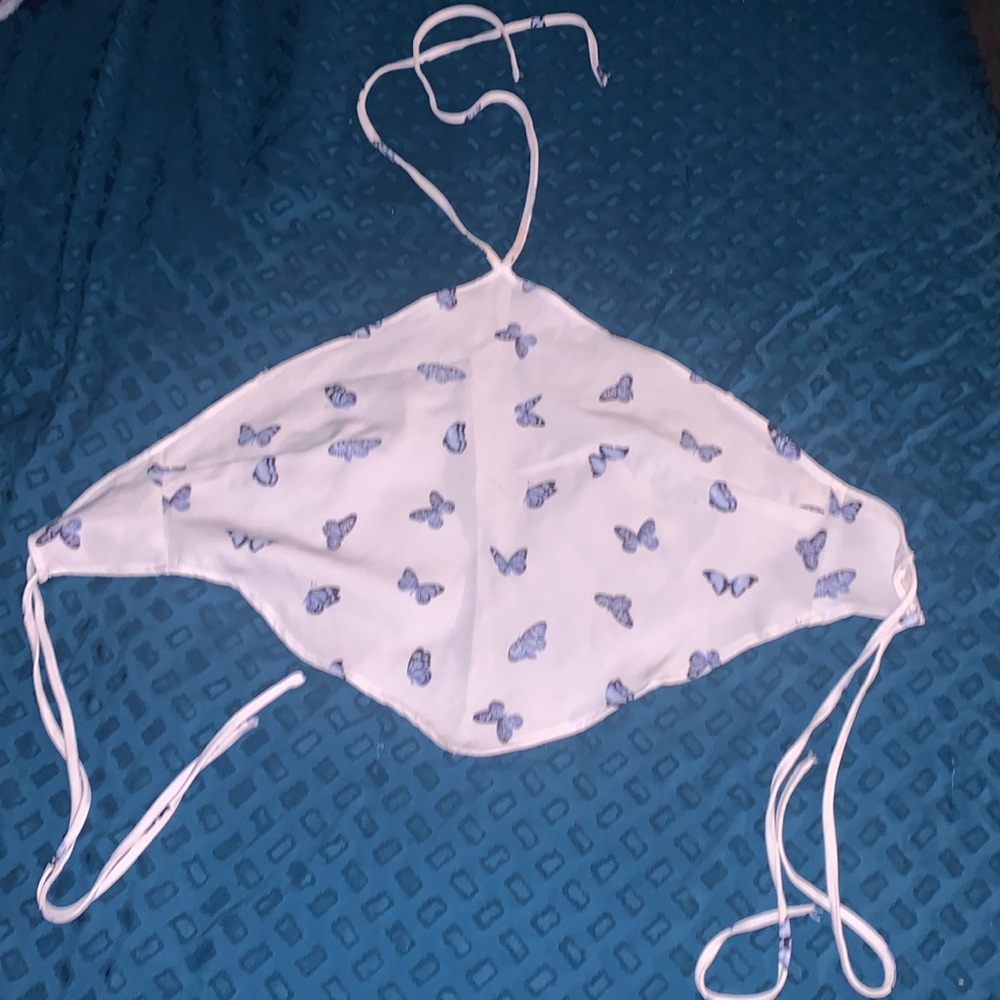 White with blue butterfly tie top
